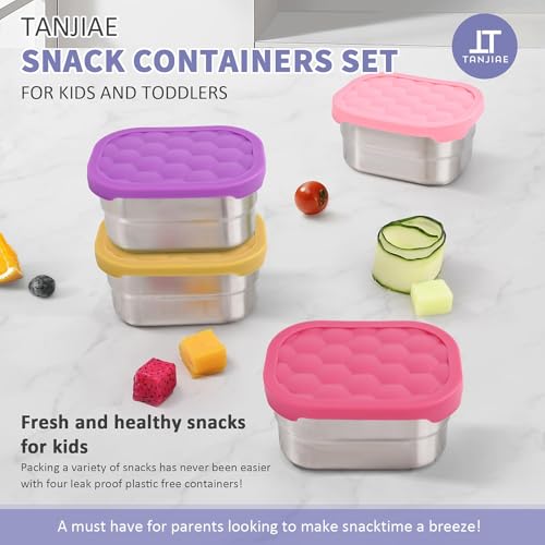 Tanjiae 4Pack Small (1 CUP) 8oz Stainless Steel Snack Containers for Kids | Reusable Easy Open Toddler Snack Containers with Silicone Lids | Stackable Toddler Lunch Box for Daycare, School and Travel - Image 3