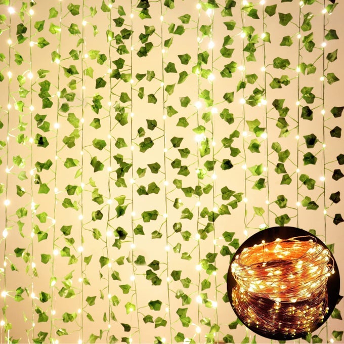 12 PACK FAKE VINES FOR ROOM DECOR WITH 100 LED STRING LIGHT ARTIFICIAL IVY GARLAND HANGING PLANTS FAUX GREENERY LEAVES BEDROOM AESTHETIC DECOR FOR HOME GARDEN WALL WEDDING