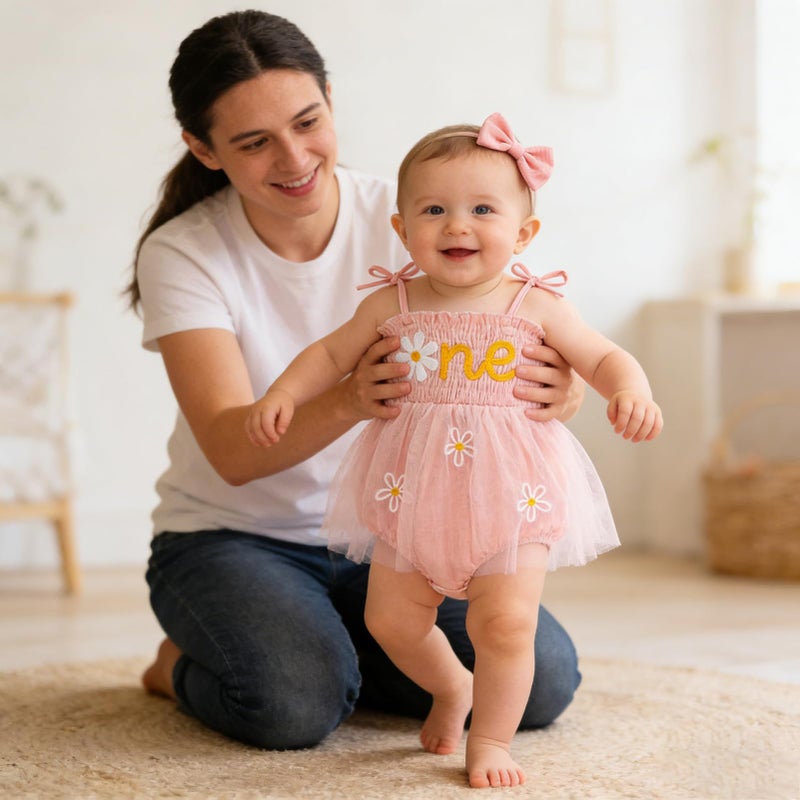 TITKKOP Baby Girl 1st Birthday Clothes One Year Old Tulle Romper Sleeveless Bodysuit Cake Smash Outfits(pink6,12-18M) - Image 4