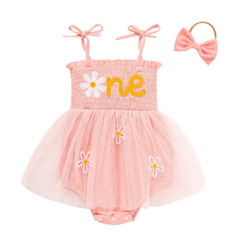TITKKOP Baby Girl 1st Birthday Clothes One Year Old Tulle Romper Sleeveless Bodysuit Cake Smash Outfits(pink6,12-18M) - Image 1