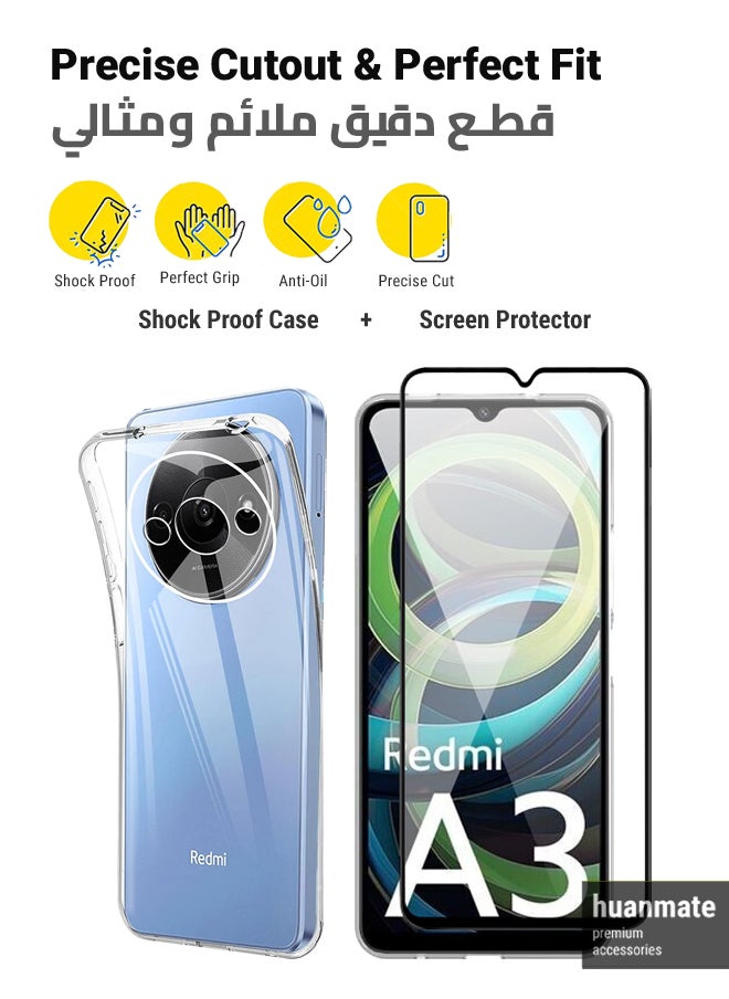 huanmate - 2 in 1 Xiaomi Redmi A3 Protection Pack - Ultra Clear Shockproof Case & Edge-to-Edge Screen Protector, 360 Degree Protection, Back Cover & Screen Protector for Xiaomi Redmi A3 - Image 1