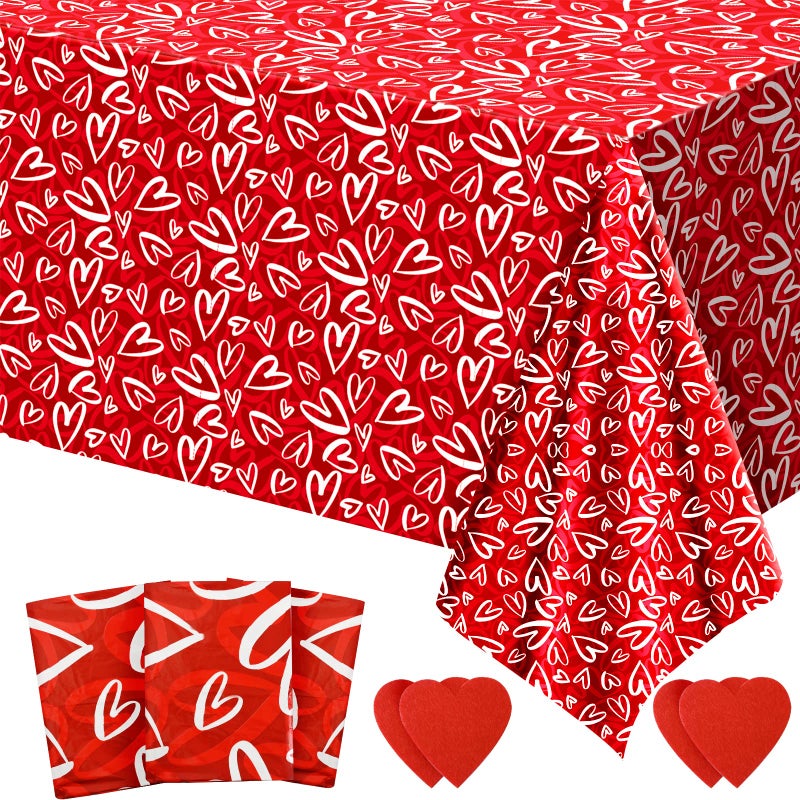 3 Pcs Valentines TableclothHeart Love Valentines Table Cover Disposable Plastic Rectangle Heart Table Cloth for Valentines Day Wedding Engagement Anniversary Birthday Party 54x108 inch