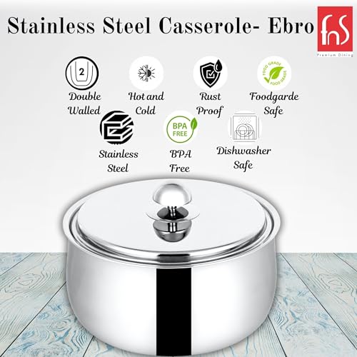 FNS Ebro Stainless Steel Double Wall Insulated Designer Casserole with Lid Elegant Hot Pot Food Warmer, Self Locking Press Lid, Hot Food Upto 8 Hours (1500 ml) - Image 3