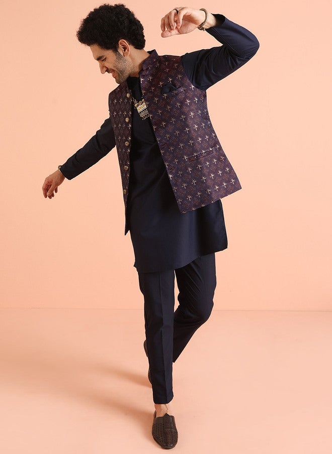 KISAH Mandarin Collar Straight Kurta & Trouser With Nehru Jacket - Image 1