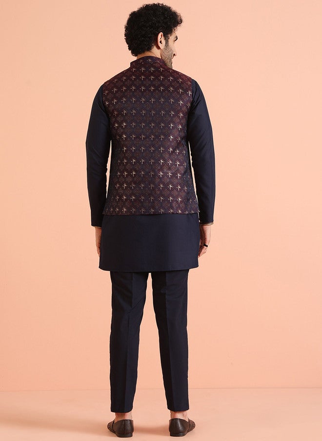 KISAH Mandarin Collar Straight Kurta & Trouser With Nehru Jacket - Image 5