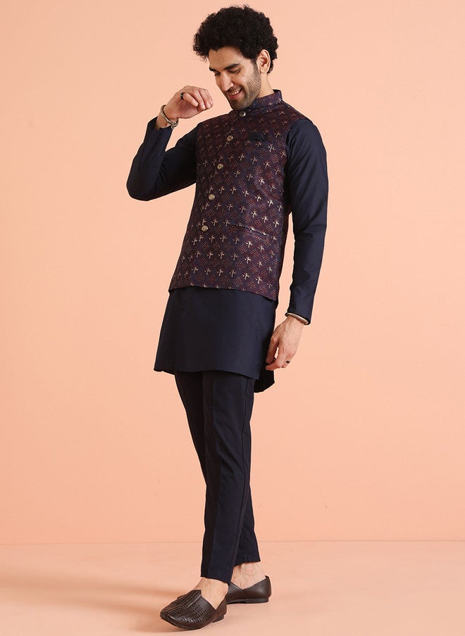KISAH Mandarin Collar Straight Kurta & Trouser With Nehru Jacket - Image 4
