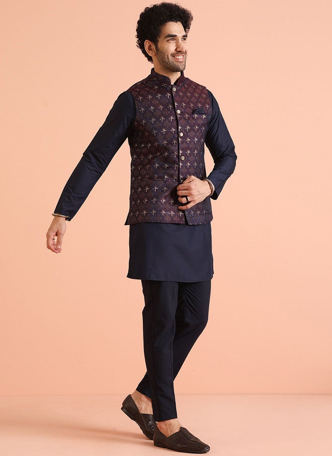 KISAH Mandarin Collar Straight Kurta & Trouser With Nehru Jacket - Image 3