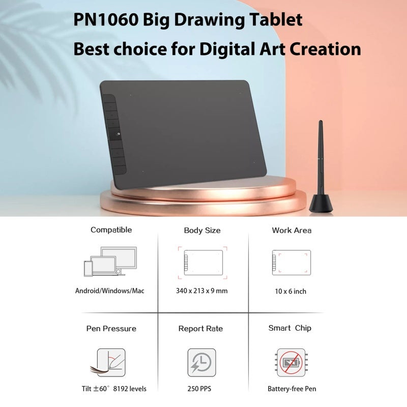 Graphics Tablet: 10x6In Large Working Area, 8 Customizable Shortcut Keys, Battery-free Pen - 8192 Pressure Level, Smart Chip Digital Sketch Pad for Digital Artists, Designers & On-the-go Creators - Image 4