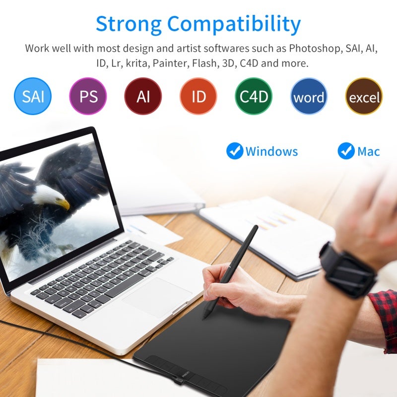 Graphics Tablet: 10x6In Large Working Area, 8 Customizable Shortcut Keys, Battery-free Pen - 8192 Pressure Level, Smart Chip Digital Sketch Pad for Digital Artists, Designers & On-the-go Creators - Image 5