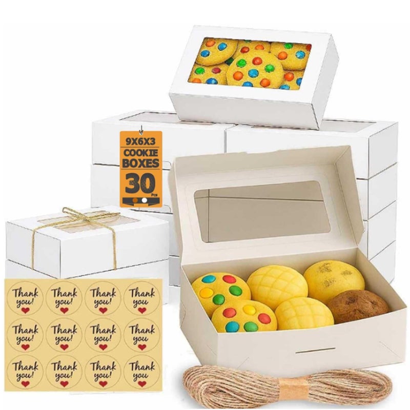 Leafiew 30 Pack Treat Boxes for Desserts - Cookie Boxes with Window for Gift Giving â€“ 9x6x3 Inches Small Cookie Containers for Strawberries, Cupcake, Candy, Charcuterie, Pastry, Donuts, Baked Goods (White) - Image 1