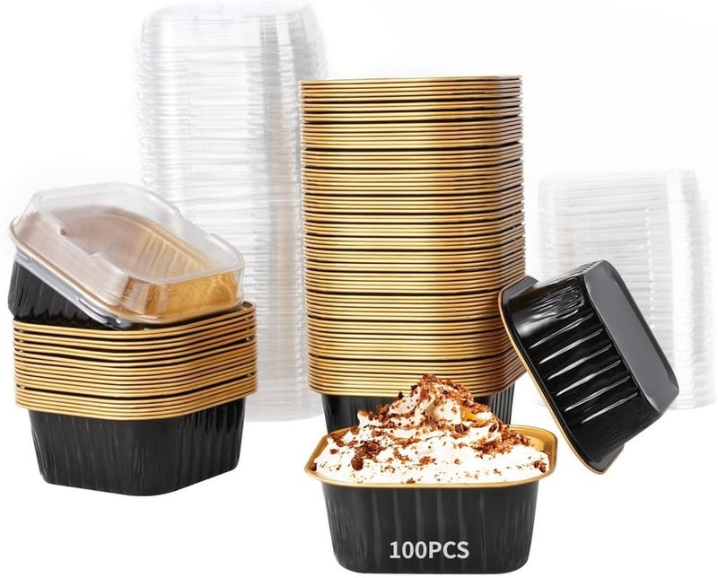 Generic Aluminum Foil Baking Cup, Disposable Ramekins Muffin Individual Square Cupcake Container, 100 Pcs Dessert Cups With Lids, Cupcake Liners, Foil Flan Baking Cups For Party - Image 1
