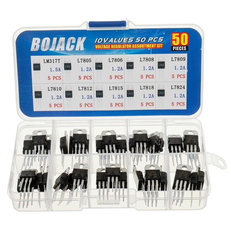 BOJACK 10 Values 50 Pcs LM317 L7805 L7806 L7808 L7809 L7810 L7812 L7815 L7818 L7824 TO-220 Package High Current Positive Voltage Regulator Assortment Kit - Image 1