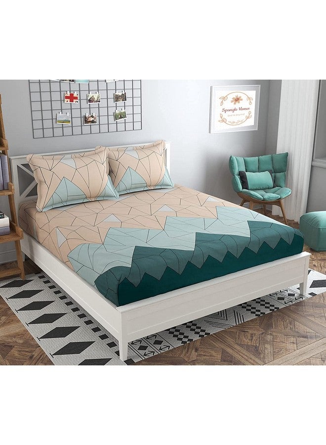 SpangleHomes 200% Soft Glace Cotton Elastic Fitted Double Bed Bedsheet With 2 Large Pillow Covers(King Bed 78 X72X10 Inches,Beige Green Triangle),300 TC - Image 1