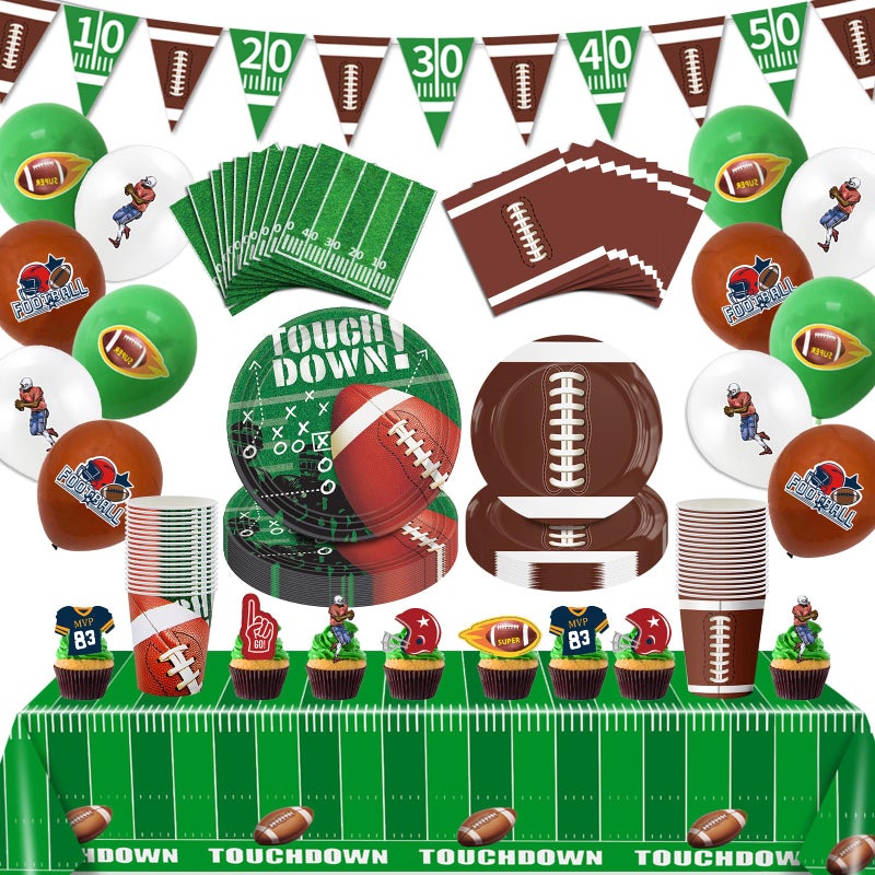 Bolake 140PCS Football Party Supplies Tableware Set Serve 24 Football Birthday Party Decorations Includes Plates Napkins Cups Banner Balloons Cake ToppersTablecloth for Football Themed Party Supplies - Image 2