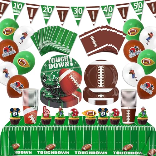 Bolake 140PCS Football Party Supplies Tableware Set Serve 24 Football Birthday Party Decorations Includes Plates Napkins Cups Banner Balloons Cake ToppersTablecloth for Football Themed Party Supplies - Image 1