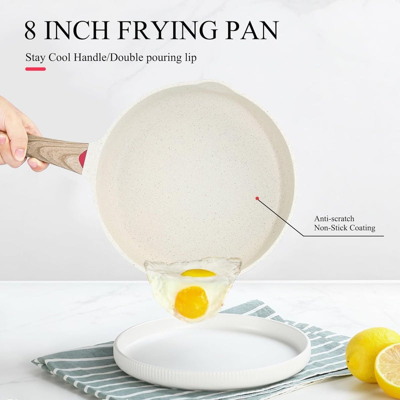 Dravizon Nonstick Frying Pan - Granite Induction Pans for Cooking Omelette Non-Stick Cookware Set, Healthy Kitchen Skillet Non-Sticking Stone Pot and Pan Set (8") White - Image 2
