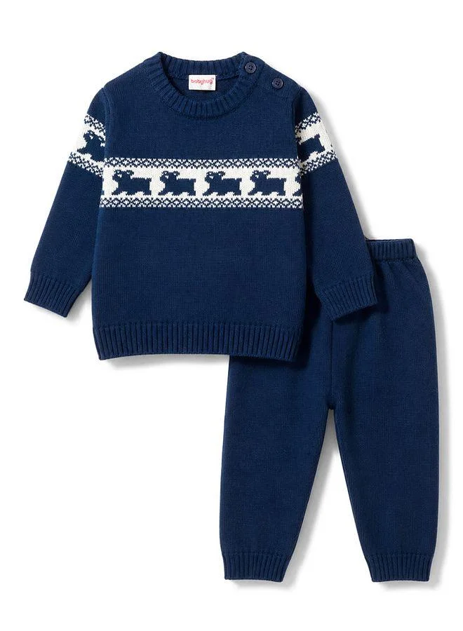 Babyhug Babyhug Knit Full Sleeves Sweater and Pants Set with Animal Design - Navy Blue
