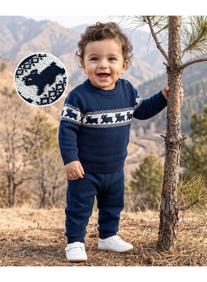 Babyhug Babyhug Knit Full Sleeves Sweater and Pants Set with Animal Design - Navy Blue