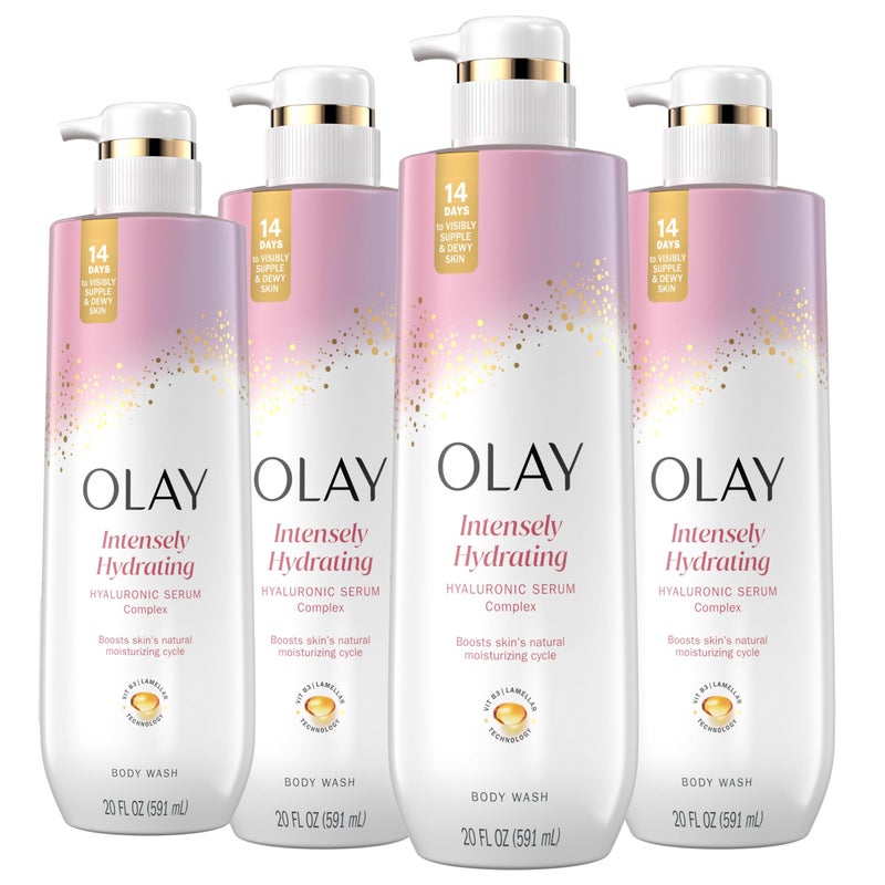 Olay Body Wash for Women, Intensely Hydrating, Hyaluronic Acid Serum Complex, Renews Moisture, Free of Parabens & Phthalates, Vitamin B3 Lameller Technology, For All Skin Types, 20 fl oz (Pack of 4) - Image 1