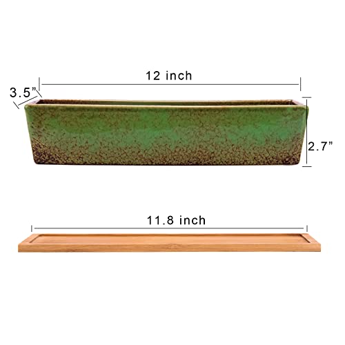 ARTKETTY Succulent Pots - Large Succulent Planter Pots with Drainage, 12 Inch Long Rectangle Bonsai Pot with Bamboo Tray Shallow Ceramic Cactus Flower Planter Window Box for Home Garden Decor (Green) - Image 3