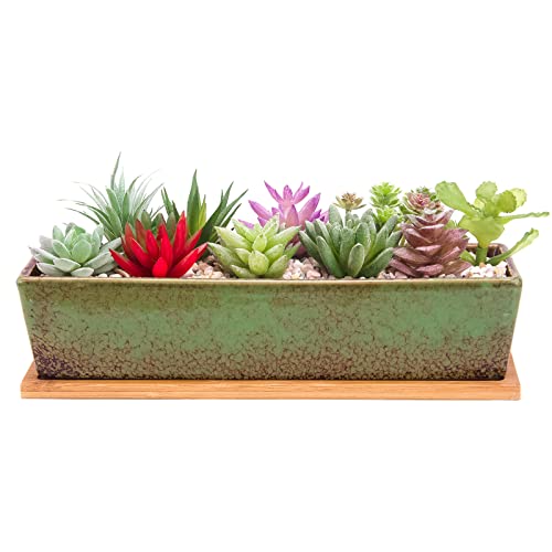 ARTKETTY Succulent Pots - Large Succulent Planter Pots with Drainage, 12 Inch Long Rectangle Bonsai Pot with Bamboo Tray Shallow Ceramic Cactus Flower Planter Window Box for Home Garden Decor (Green) - Image 1
