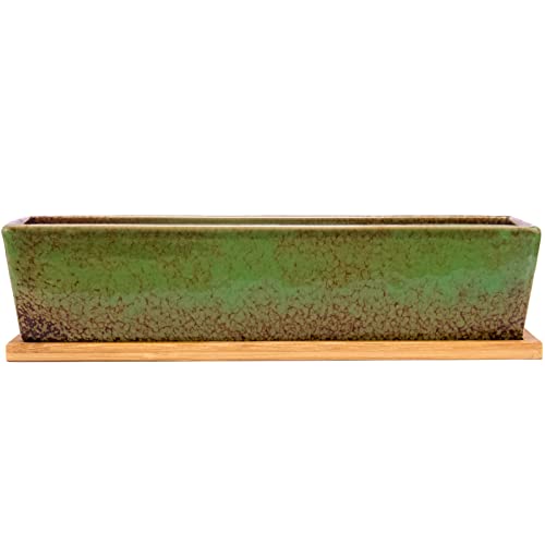 ARTKETTY Succulent Pots - Large Succulent Planter Pots with Drainage, 12 Inch Long Rectangle Bonsai Pot with Bamboo Tray Shallow Ceramic Cactus Flower Planter Window Box for Home Garden Decor (Green) - Image 2