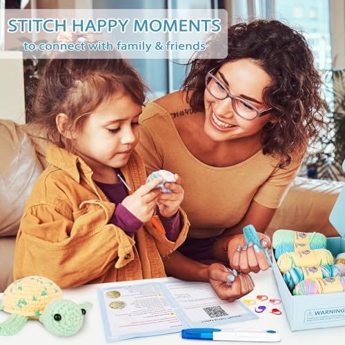 Crochetta Crochet Kit for Beginners, Beginner Crochet Kit for Adults with Step-by-Step Video Tutorials, DIY Crochet Animal Kits Kids Knitting Supplies, 3 Pack Turtle Family (40%+ Yarn) - Image 4