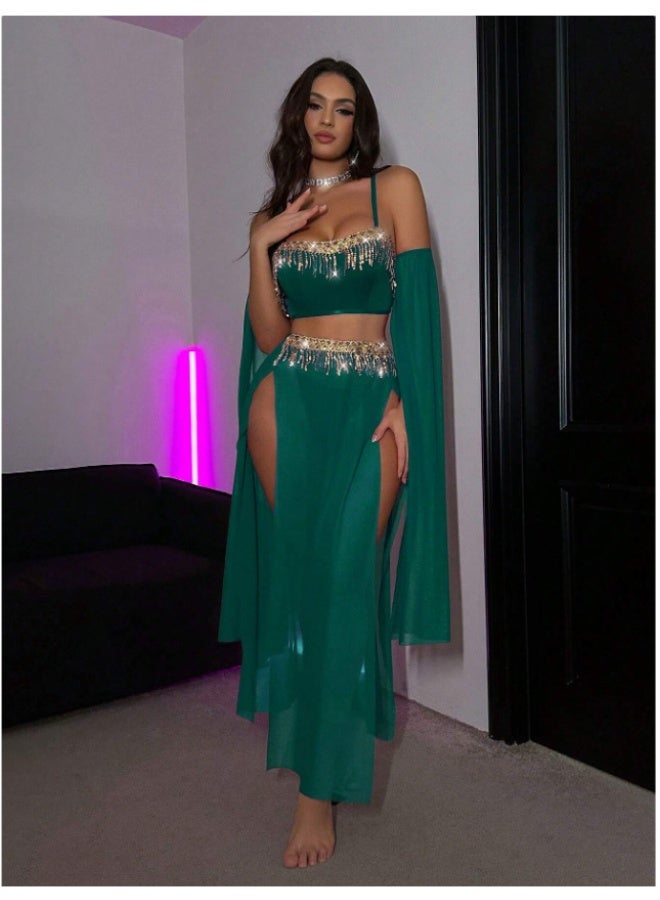 3 Piece Sparkly Tassel Chiffon Swimwear Set, Off Shoulder Sheer Sleeve Cover Up Bikini, Elegant Beach Party Outfit for Women - Image 5