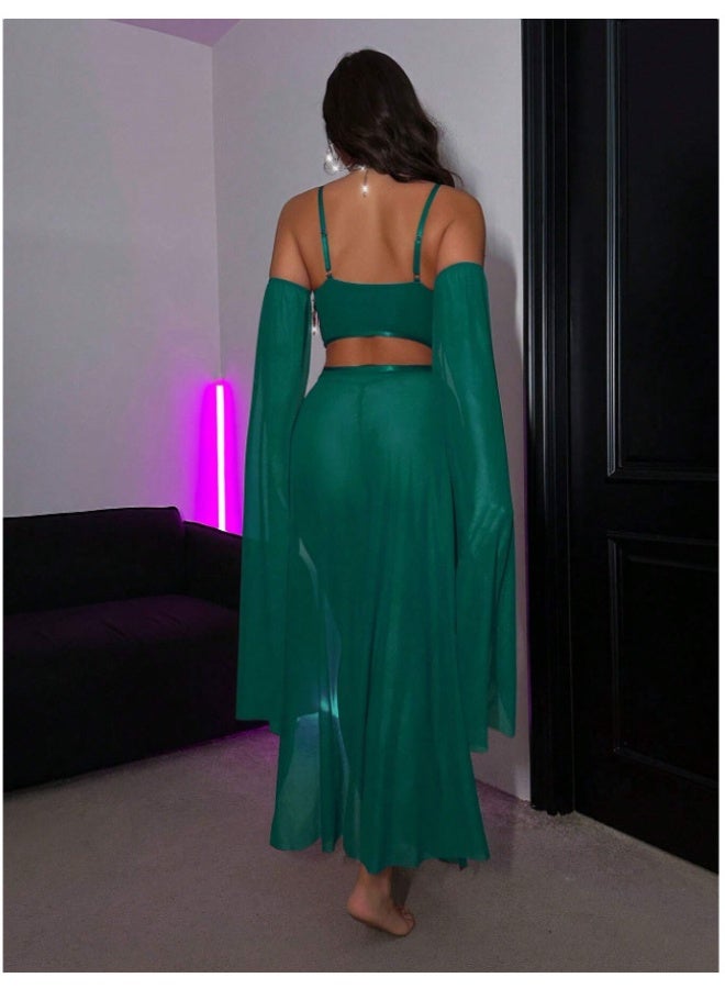 3 Piece Sparkly Tassel Chiffon Swimwear Set, Off Shoulder Sheer Sleeve Cover Up Bikini, Elegant Beach Party Outfit for Women - Image 3