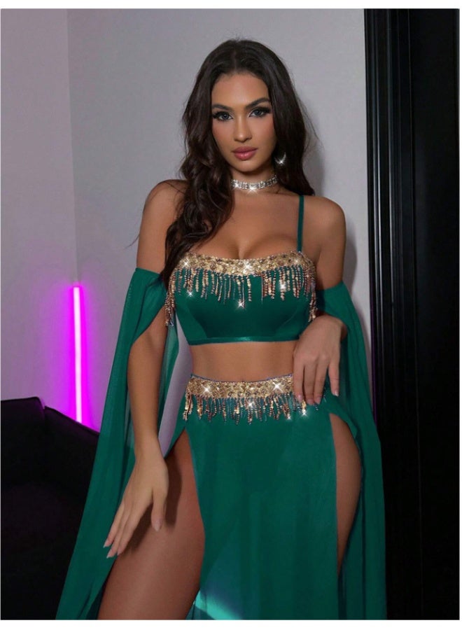 3 Piece Sparkly Tassel Chiffon Swimwear Set, Off Shoulder Sheer Sleeve Cover Up Bikini, Elegant Beach Party Outfit for Women - Image 4