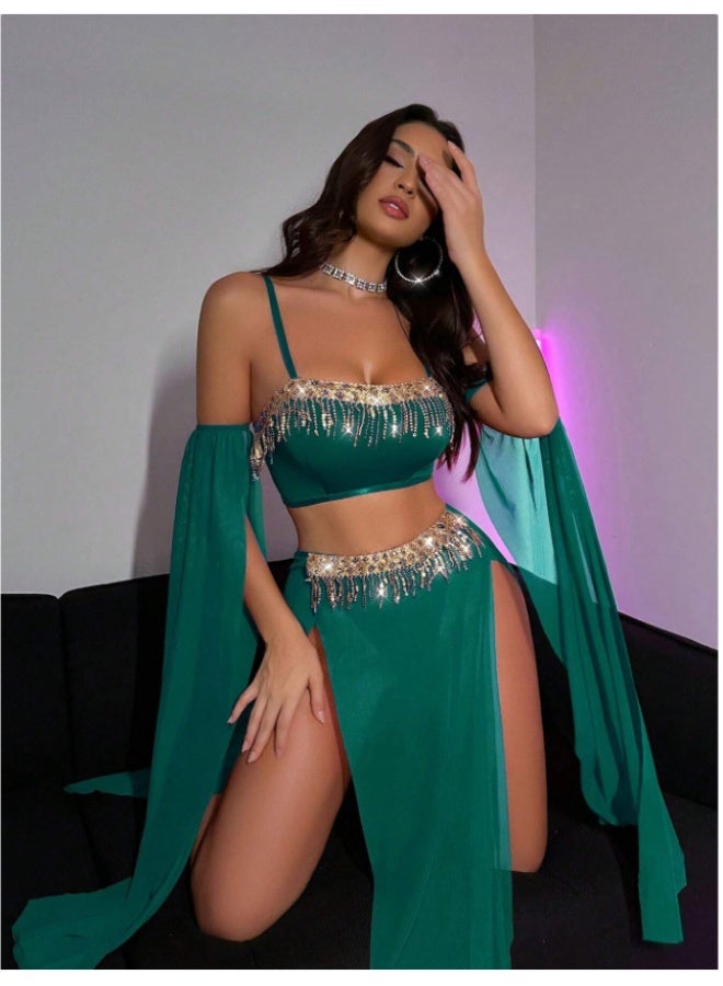 3 Piece Sparkly Tassel Chiffon Swimwear Set, Off Shoulder Sheer Sleeve Cover Up Bikini, Elegant Beach Party Outfit for Women - Image 2