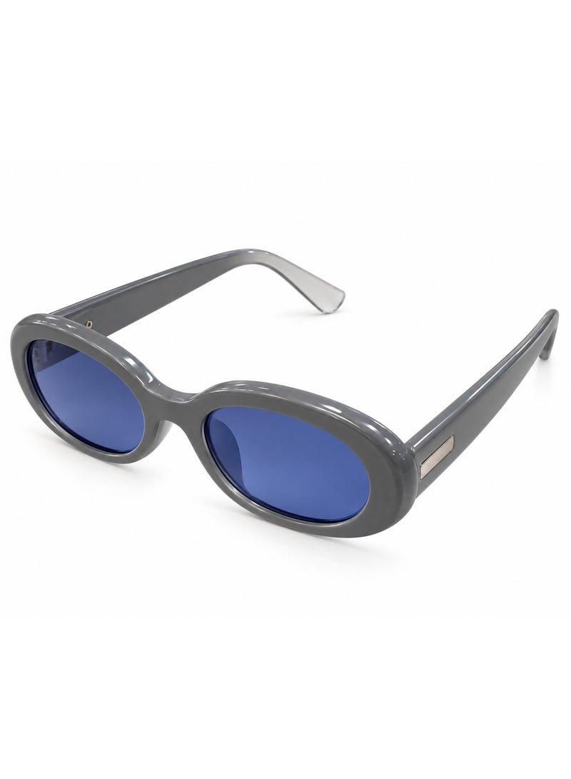 SG064 Oval Sunglasses with Glossy Grey Frame and Blue Lenses