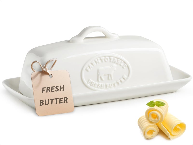 YHOJOY Cow Butter Dish, Ceramic Butter Dish with Lid for Countertop, White Butter Tray with Handle, Farmhouse Covered Butter Holder Container for East West Coast Butter Storage - Image 1