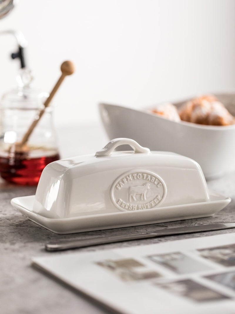 YHOJOY Cow Butter Dish, Ceramic Butter Dish with Lid for Countertop, White Butter Tray with Handle, Farmhouse Covered Butter Holder Container for East West Coast Butter Storage - Image 2