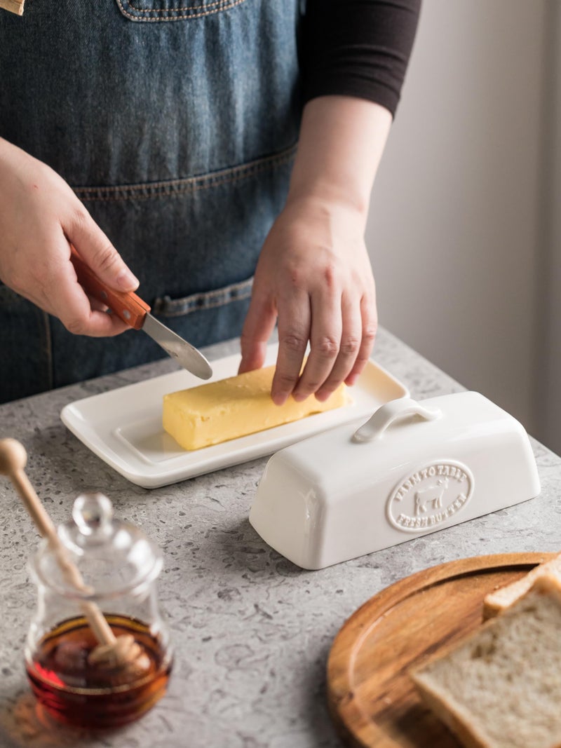 YHOJOY Cow Butter Dish, Ceramic Butter Dish with Lid for Countertop, White Butter Tray with Handle, Farmhouse Covered Butter Holder Container for East West Coast Butter Storage - Image 5