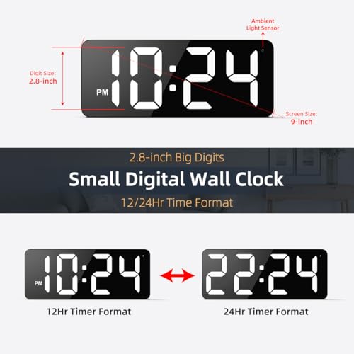 XUANZIT ساعة حائط رقمية LED مع شاشة كبيرة، أرقام كبيرة، تلاشي تلقائي، تنسيق 12/24 ساعة، ساعة حائط كهربائية صغيرة حديثة وصامتة لغرفة المعيشة، غرفة النوم، الفصل الدراسي، المزرعة، المطبخ، المكتب - أبيض - Image 2