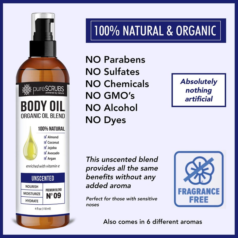 pureSCRUBS Ultra Moisturizing Unscented Body Oil Spray for Dry Skin, Massage, Stretch Marks, Organic Super Blend of Jojoba, Argan, Coconut, Sweet Almond & Avocado Oils Enriched with Vitamin E, Lg 4oz - Image 5