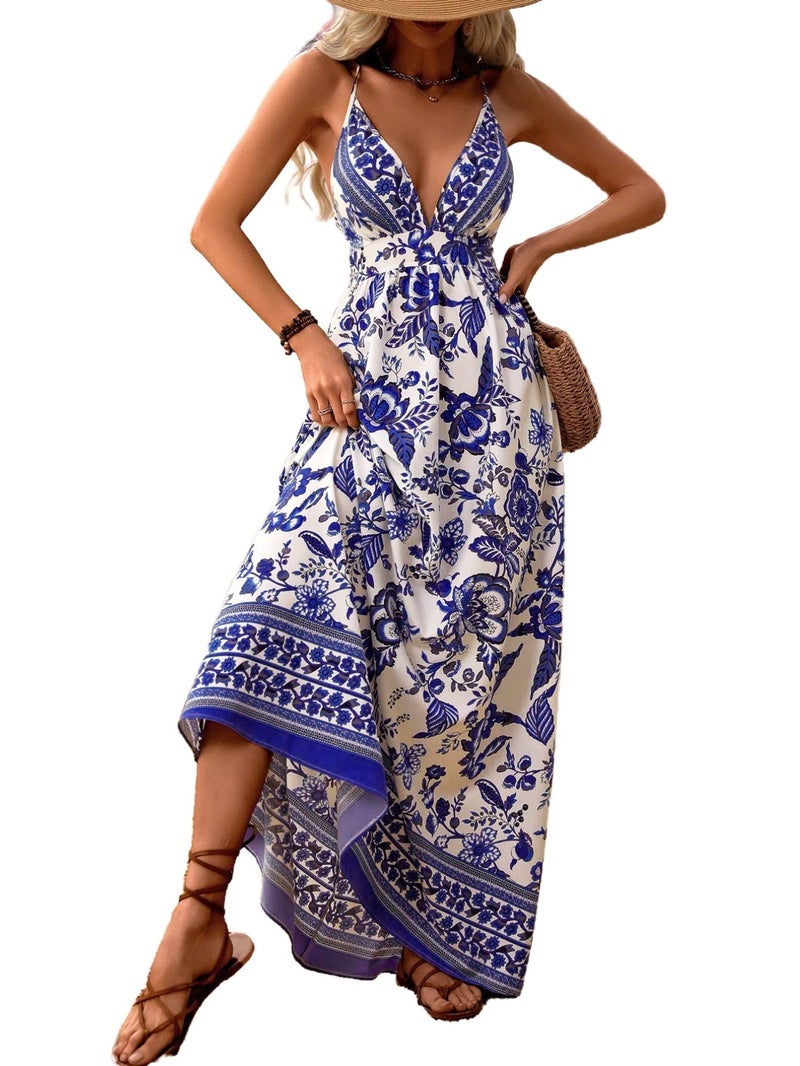 MakeMeChic Women's Summer Boho Wedding Guest Dress Flowy Maxi Backless Sundress Beach Dress Hawaiian Vacation Outfits Blue Medium - Image 1