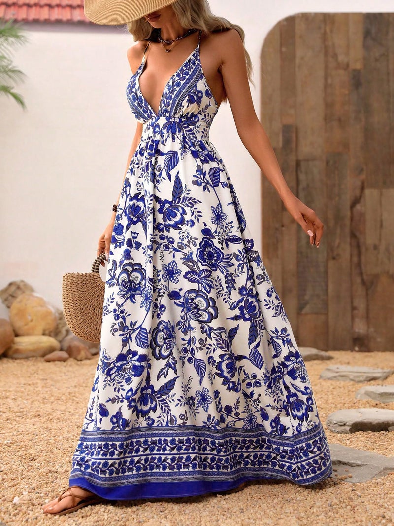 MakeMeChic Women's Summer Boho Wedding Guest Dress Flowy Maxi Backless Sundress Beach Dress Hawaiian Vacation Outfits Blue Medium - Image 3