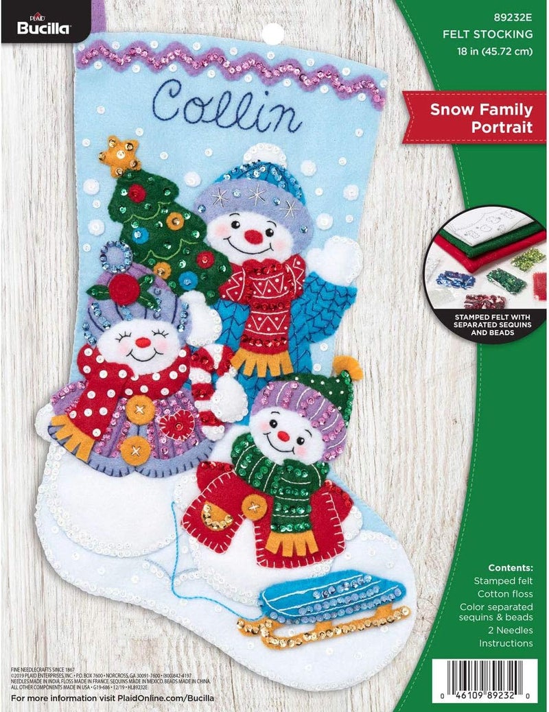 Bucilla Felt Applique Christmas Stocking Kit, 18", Snow Family Portrait - Image 1