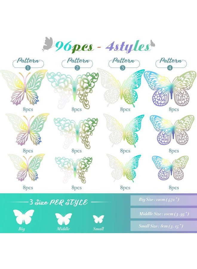 XUNXMAS 3D Laser Butterfly Decorations Butterflies Stickers, 96Pcs 4 Styles 3 Sizes Butterfly Wall Decor Party Birthday Cake Decorations, Removable Sticker Decals for Mirror Kids Bedroom Room Decor - Image 2