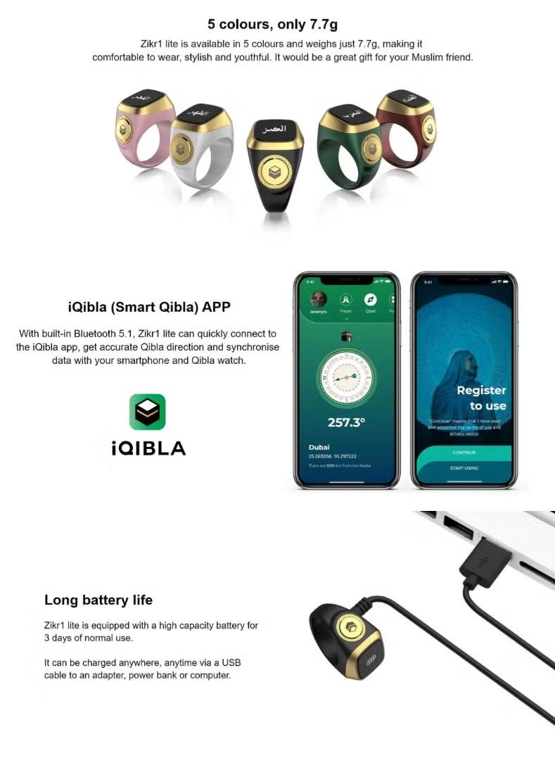 iQIBLA Smart Zikr Ring | 18 MM Prayer Counter, Tasbih Counter & Muslim Prayer Time Reminder | Waterproof Wearable Technology | Black and Gray - Image 2