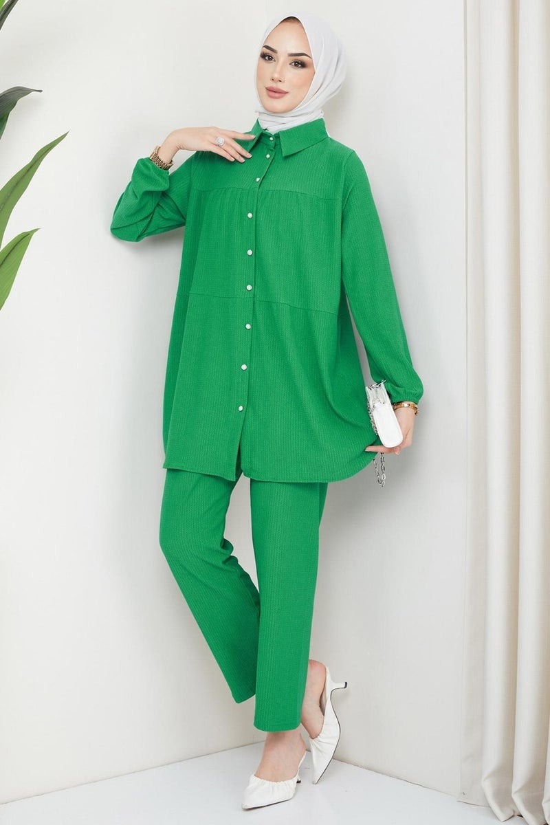 Hafsa Mina Kat Shirted Burgundy Two Piece Set Green - Image 1