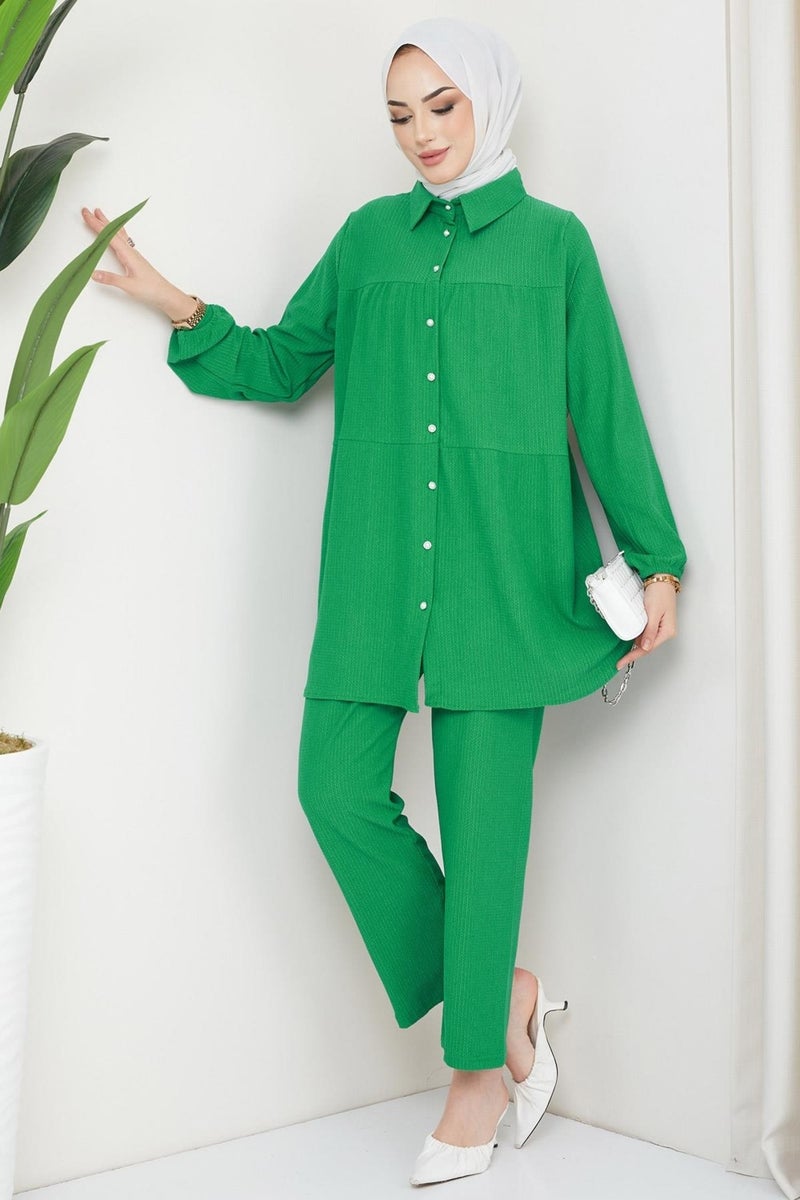 Hafsa Mina Kat Shirted Burgundy Two Piece Set Green - Image 3
