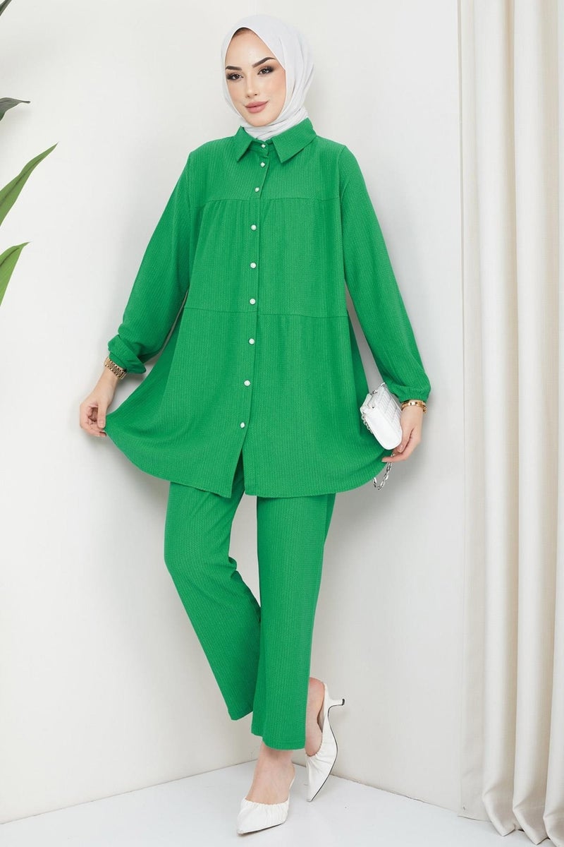 Hafsa Mina Kat Shirted Burgundy Two Piece Set Green - Image 4