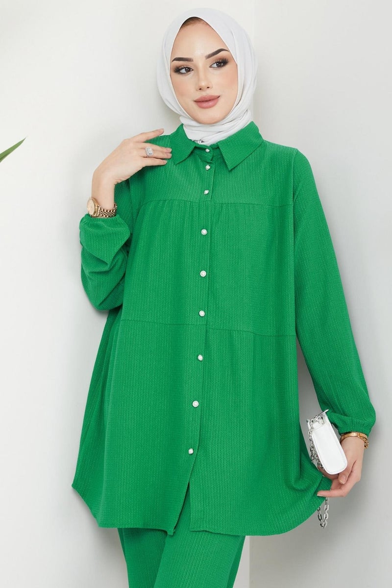 Hafsa Mina Kat Shirted Burgundy Two Piece Set Green - Image 2