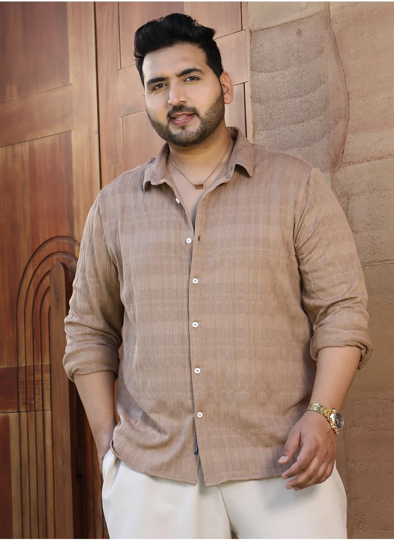 انستافاب بلس Instafab Plus Men's Peanut Brown Bric-Tactile Shirt For Casual Wear | Spread Collar | Long Cuffed Sleeves | Button Closure | Plus Size Shirt Crafted With Comfort Fit For Everyday Wear
