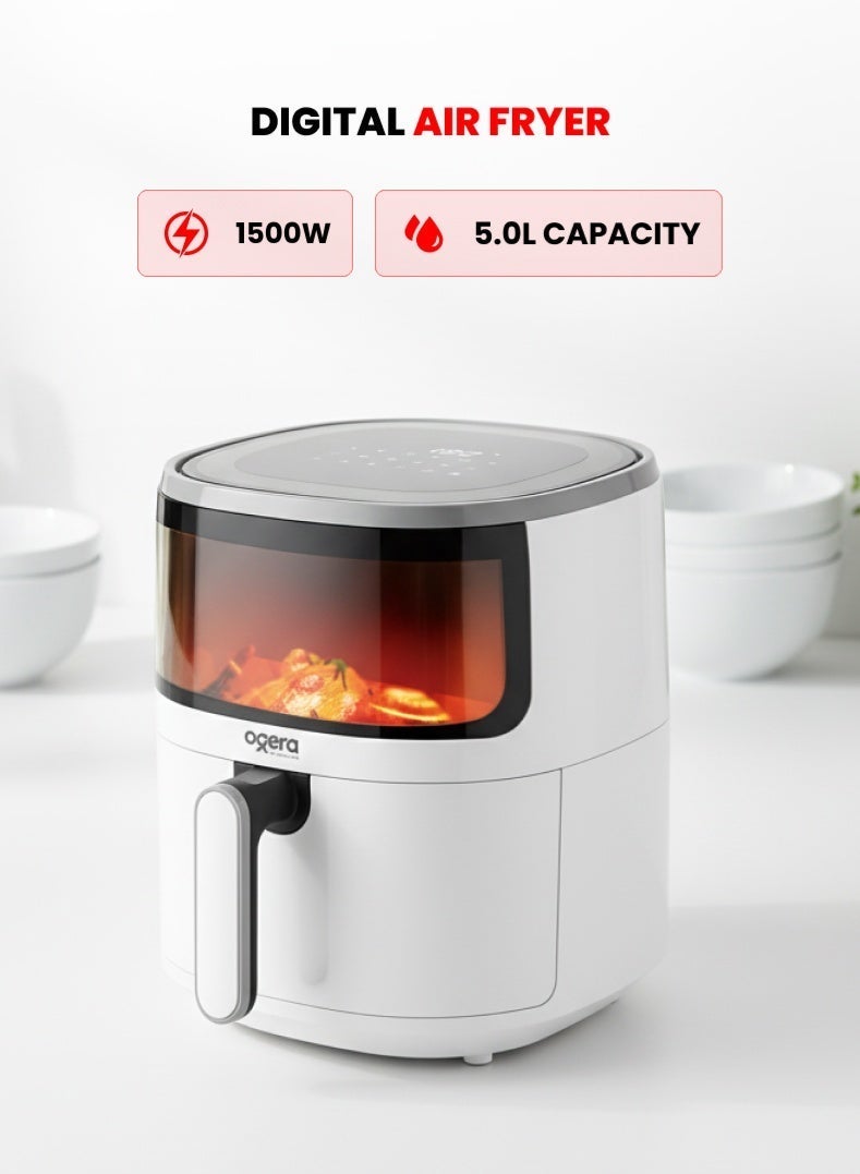 أوجيرا مقلاة هوائية رقمية سعة 5.0 لتر - مقلاة هوائية كبيرة سعة 1500 واط مع وعاء غير لاصق ورف، طهي صحي بدون زيت، وقت ودرجة حرارة قابلان للتعديل، مؤقت 60 دقيقة، ضمان لمدة عامين - Image 1