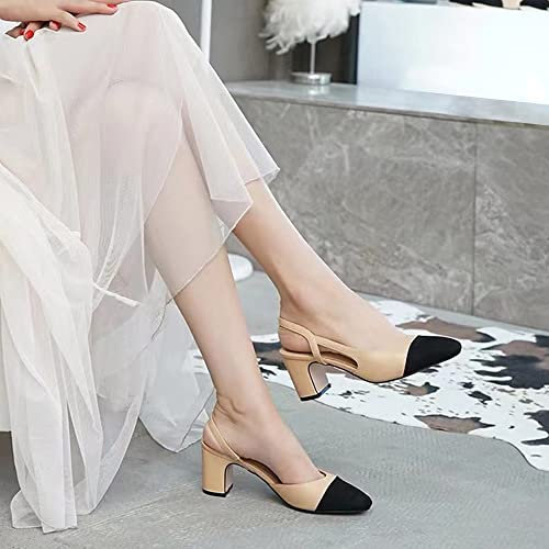 MICIFA Slingback Heels for Women，Round Toe Low Chunky Heeled Pumps with Ankle Strap， Fashion Splicing Office Shoes Nude - Image 5