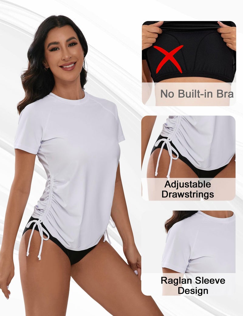 Bonneuitbebe Women's Short Sleeve Swim Shirts UV Protection UPF 50+ Rash Guard Shirts Lightweight Adjustable Tie SPF Shirt White - Image 4